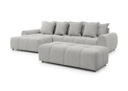 Bubble - Ecksofa mit Schlaffunktion und Hocker mit losen Rückenkissen und Sitzfläche in Bubble-Optik aus weichem Strukturstoff