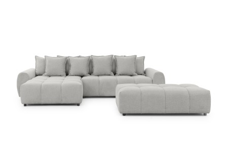 Bubble - Ecksofa mit Schlaffunktion und Hocker mit losen Rückenkissen und Sitzfläche in Bubble-Optik aus weichem Strukturstoff