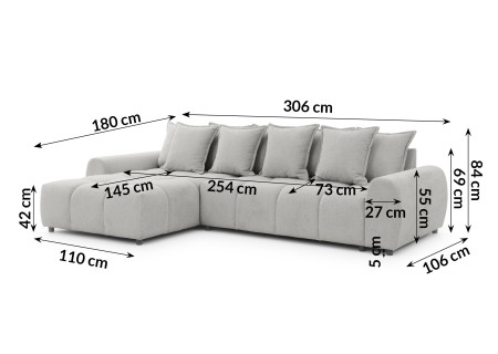 Bubble - Ecksofa mit Schlaffunktion und Hocker mit losen Rückenkissen und Sitzfläche in Bubble-Optik aus weichem Strukturstoff