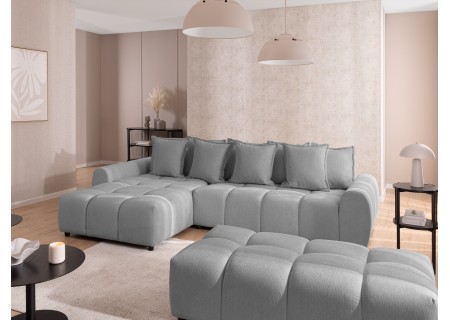 Bubble - Ecksofa mit Schlaffunktion und Hocker mit losen Rückenkissen und Sitzfläche in Bubble-Optik aus weichem Strukturstoff