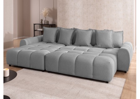Bubble - Ecksofa mit Schlaffunktion und Hocker mit losen Rückenkissen und Sitzfläche in Bubble-Optik aus weichem Strukturstoff