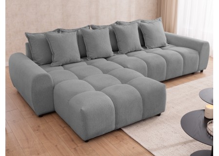 Bubble - Ecksofa mit Schlaffunktion und Hocker mit losen Rückenkissen und Sitzfläche in Bubble-Optik aus weichem Strukturstoff