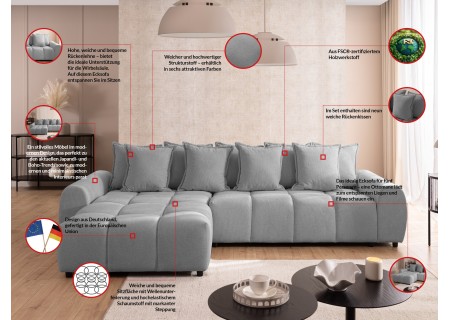 Bubble - Ecksofa mit Schlaffunktion und Hocker mit losen Rückenkissen und Sitzfläche in Bubble-Optik aus weichem Strukturstoff