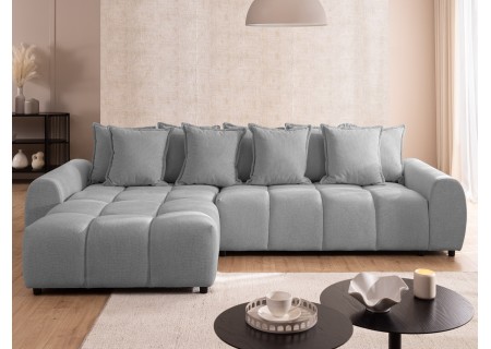 Bubble - Ecksofa mit Schlaffunktion und Hocker mit losen Rückenkissen und Sitzfläche in Bubble-Optik aus weichem Strukturstoff