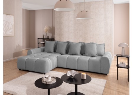 Bubble - Ecksofa mit Schlaffunktion und Hocker mit losen Rückenkissen und Sitzfläche in Bubble-Optik aus weichem Strukturstoff