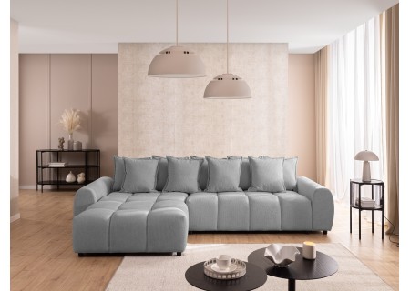 Bubble - Ecksofa mit Schlaffunktion und Hocker mit losen Rückenkissen und Sitzfläche in Bubble-Optik aus weichem Strukturstoff