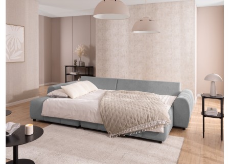 Bubble - Ecksofa mit Schlaffunktion und Hocker mit losen Rückenkissen und Sitzfläche in Bubble-Optik aus weichem Strukturstoff