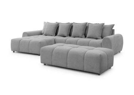 Bubble - Ecksofa mit Schlaffunktion und Hocker mit losen Rückenkissen und Sitzfläche in Bubble-Optik aus weichem Strukturstoff