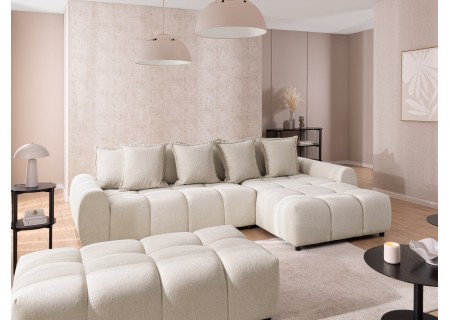 Bubble - Ecksofa mit Schlaffunktion und Hocker mit losen Rückenkissen und Sitzfläche in Bubble-Optik aus weichem Strukturstoff