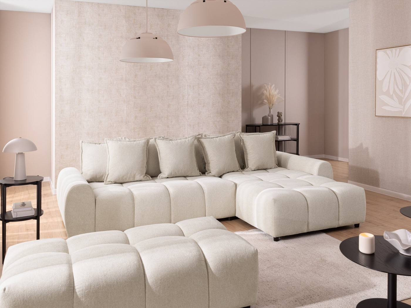 Bubble - Ecksofa mit Schlaffunktion und Hocker mit losen Rückenkissen und Sitzfläche in Bubble-Optik aus weichem Strukturstoff