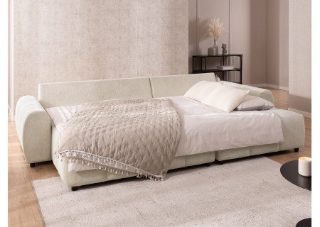 Bubble - Ecksofa mit Schlaffunktion und Hocker mit losen Rückenkissen und Sitzfläche in Bubble-Optik aus weichem Strukturstoff