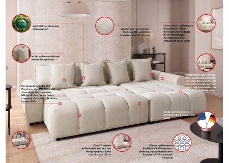 Bubble - Ecksofa mit Schlaffunktion und Hocker mit losen Rückenkissen und Sitzfläche in Bubble-Optik aus weichem Strukturstoff