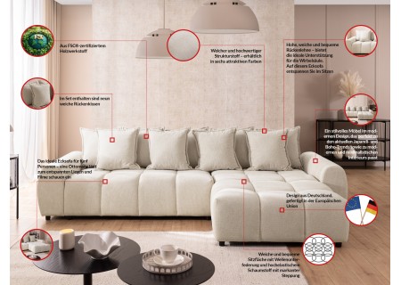 Bubble - Ecksofa mit Schlaffunktion und Hocker mit losen Rückenkissen und Sitzfläche in Bubble-Optik aus weichem Strukturstoff