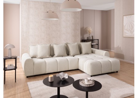 Bubble - Ecksofa mit Schlaffunktion und Hocker mit losen Rückenkissen und Sitzfläche in Bubble-Optik aus weichem Strukturstoff