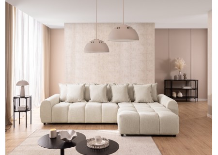 Bubble - Ecksofa mit Schlaffunktion und Hocker mit losen Rückenkissen und Sitzfläche in Bubble-Optik aus weichem Strukturstoff