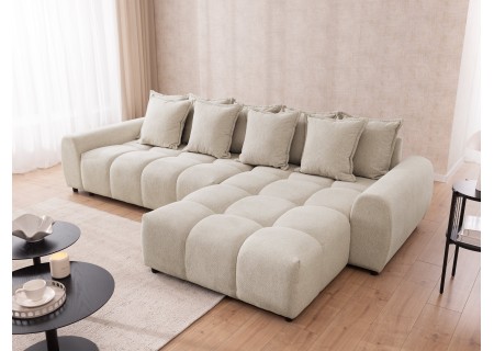 Bubble - Ecksofa mit Schlaffunktion und Hocker mit losen Rückenkissen und Sitzfläche in Bubble-Optik aus weichem Strukturstoff