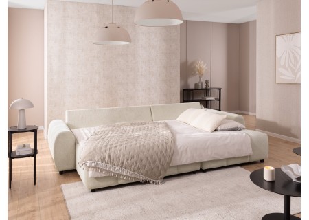 Bubble - Ecksofa mit Schlaffunktion und Hocker mit losen Rückenkissen und Sitzfläche in Bubble-Optik aus weichem Strukturstoff