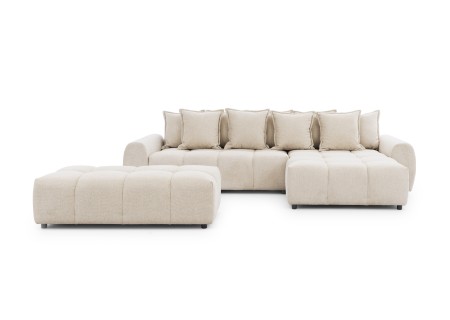 Bubble - Ecksofa mit Schlaffunktion und Hocker mit losen Rückenkissen und Sitzfläche in Bubble-Optik aus weichem Strukturstoff