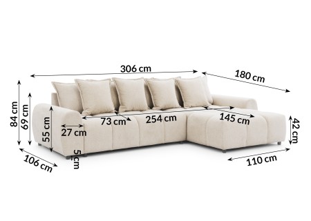 Bubble - Ecksofa mit Schlaffunktion und Hocker mit losen Rückenkissen und Sitzfläche in Bubble-Optik aus weichem Strukturstoff