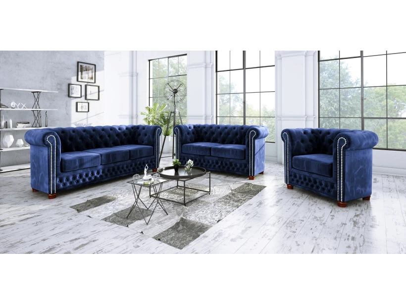 Alnem - Chesterfield Sofa 3-Sitzer aus Samt-Stoff mit Holzfüßen