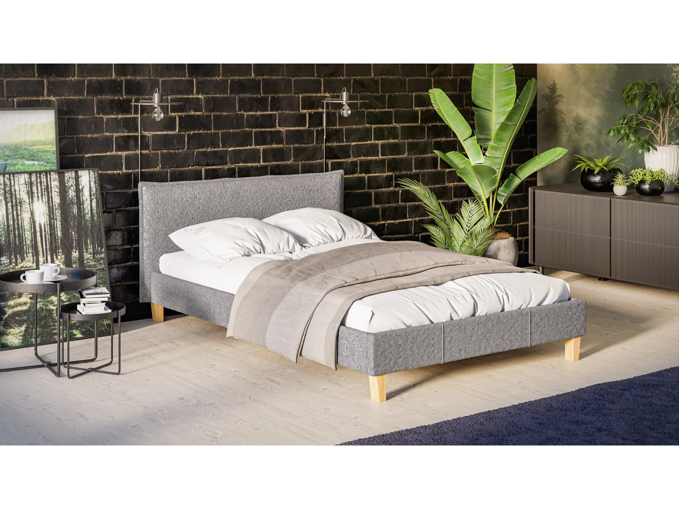 Gabriella - Polsterbett Boucle Stoff Füße aus Massivholz