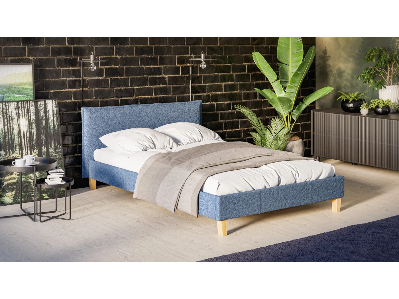Gabriella - Polsterbett Boucle Stoff Füße aus Massivholz