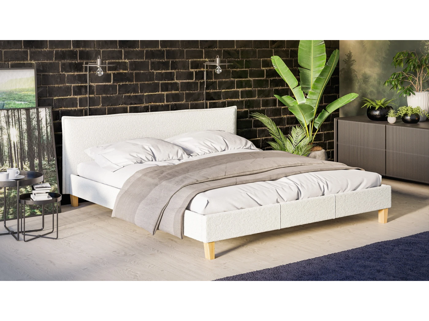 Gabriella - Polsterbett Boucle Stoff Füße aus Massivholz
