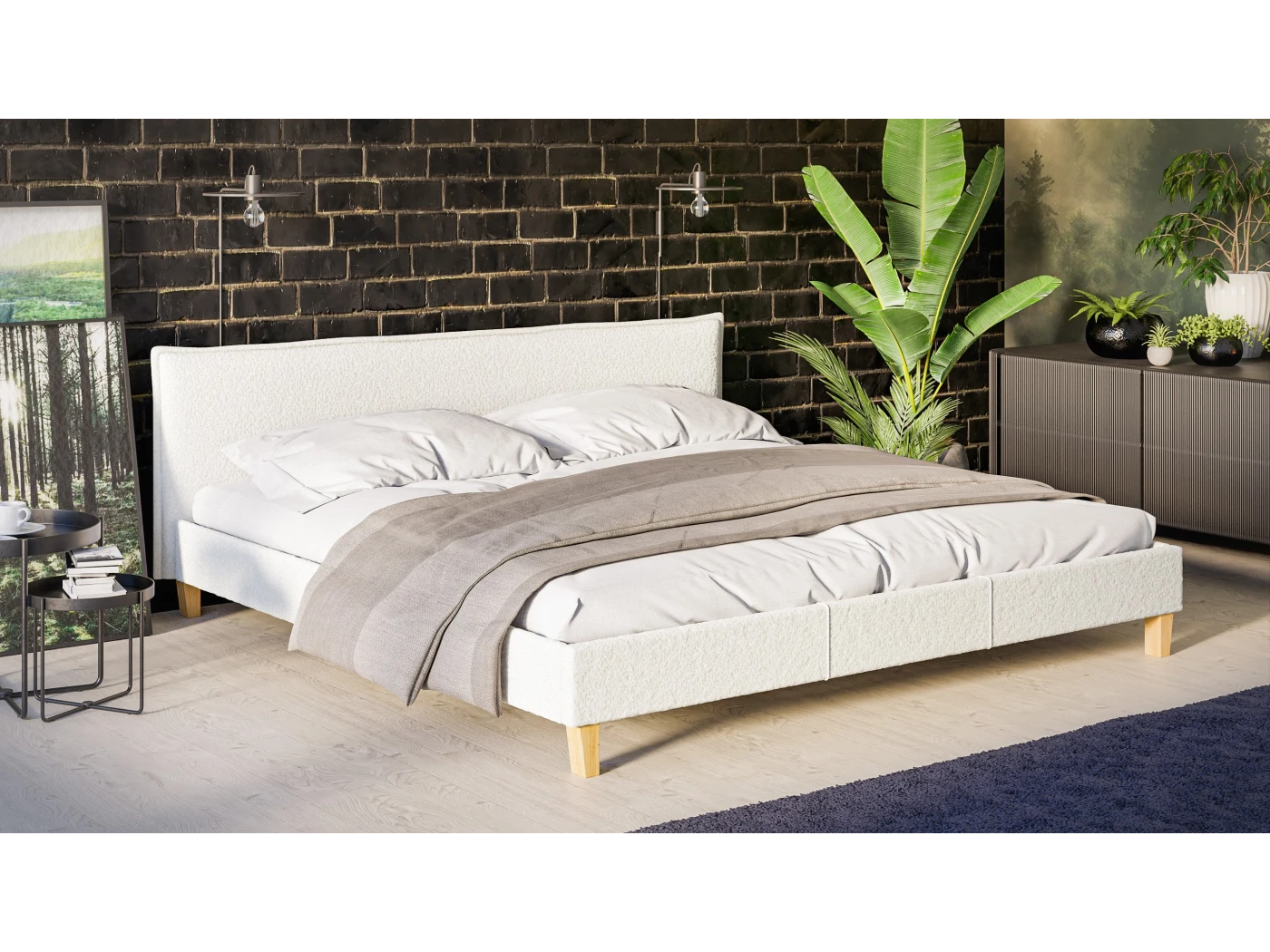 Gabriella - Polsterbett Boucle Stoff Füße aus Massivholz