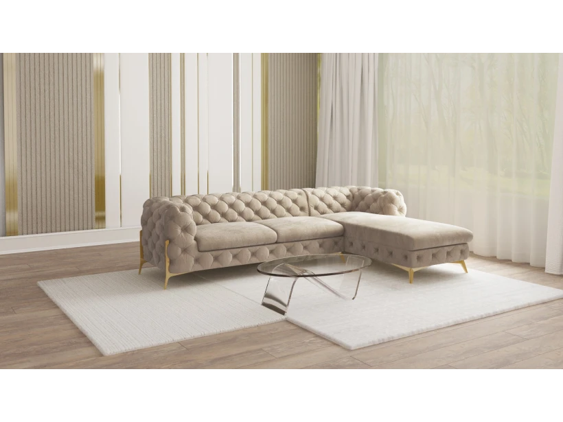 Natalie - Chesterfield Ecksofa mit Ottomane mit Goldene Metall Füßen