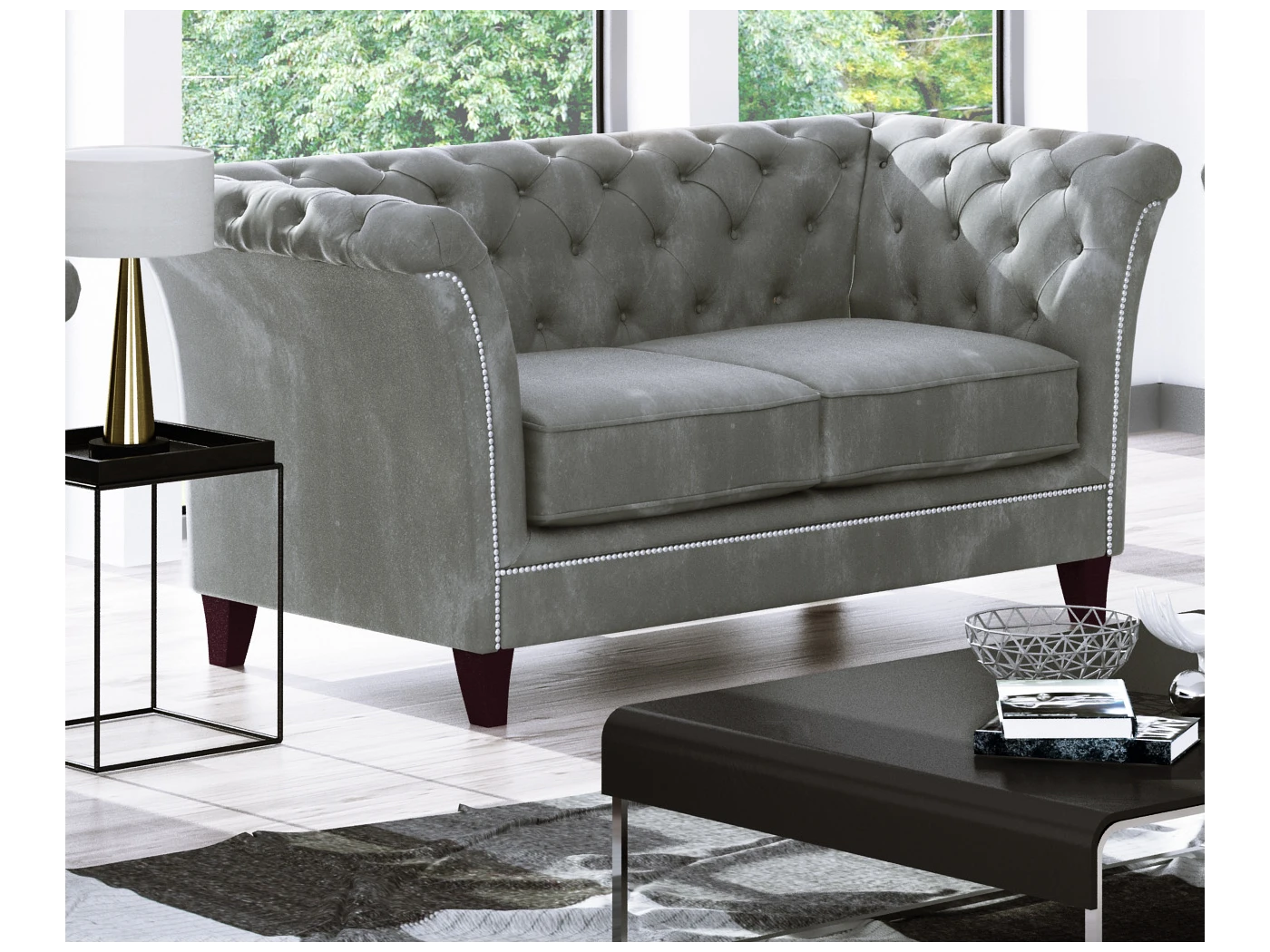 Talia - Chesterfield Sofa 2-Sitzer aus Samt-Stoff mit Holzfüßen