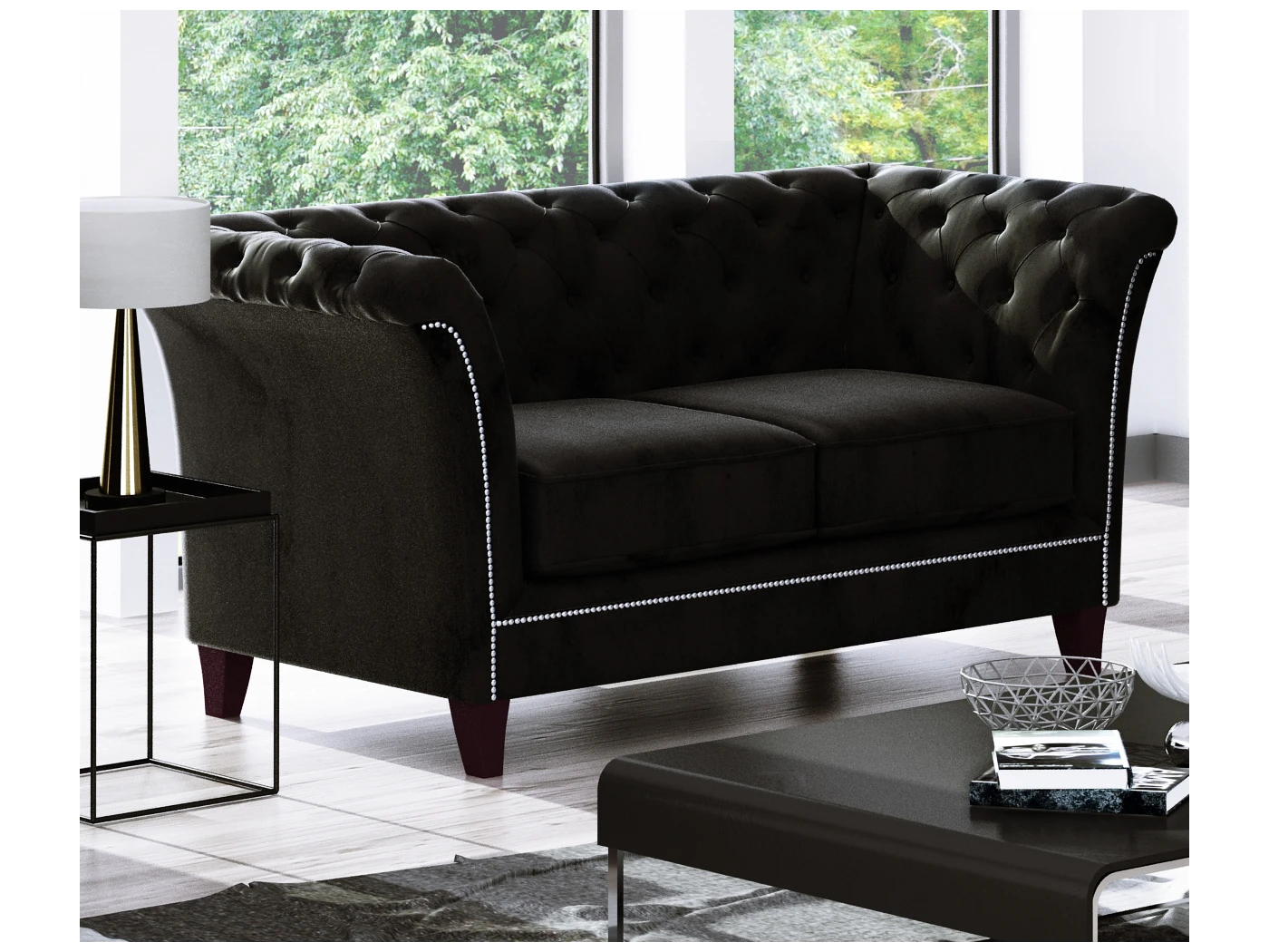 Talia - Chesterfield Sofa 2-Sitzer aus Samt-Stoff mit Holzfüßen