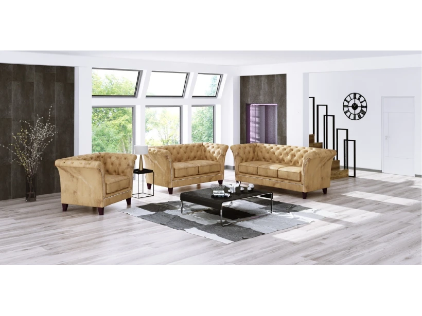 Talia - Chesterfield Sofa 3-Sitzer aus Samt-Stoff mit Holzfüßen
