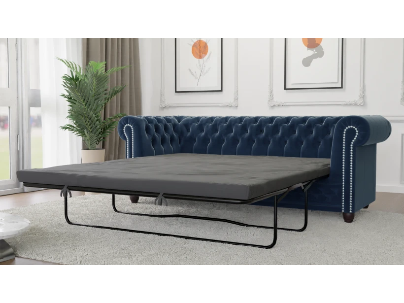 Cleo - Chesterfield 3 sitzer Sofa mit Schlaffunktion aus Samt-Stoff mit Holzfüßen