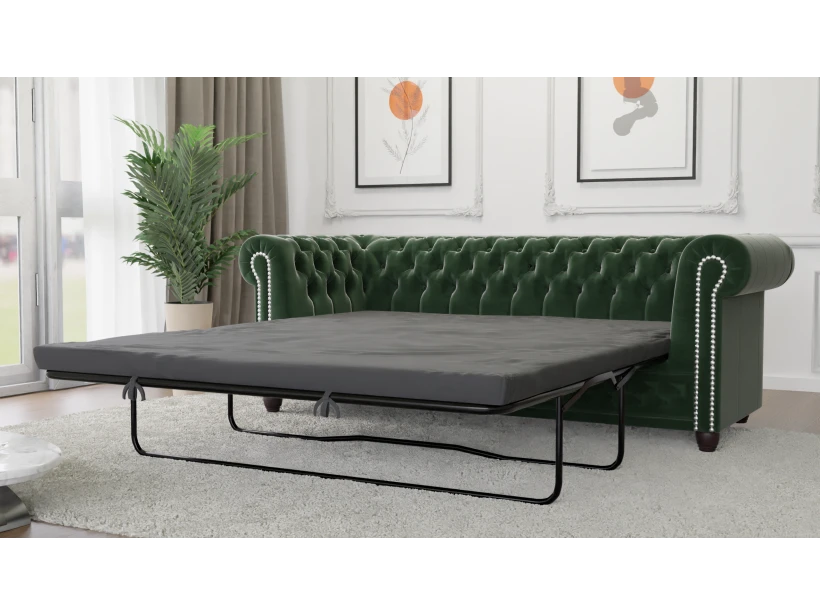 Cleo - Chesterfield 3 sitzer Sofa mit Schlaffunktion aus Samt-Stoff mit Holzfüßen