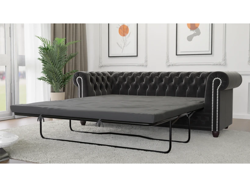 Cleo - Chesterfield 3 sitzer Sofa mit Schlaffunktion aus Samt-Stoff mit Holzfüßen