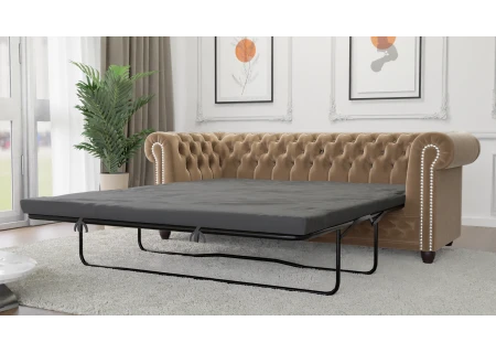 Cleo - Chesterfield 3 sitzer Sofa mit Schlaffunktion aus Samt-Stoff mit Holzfüßen