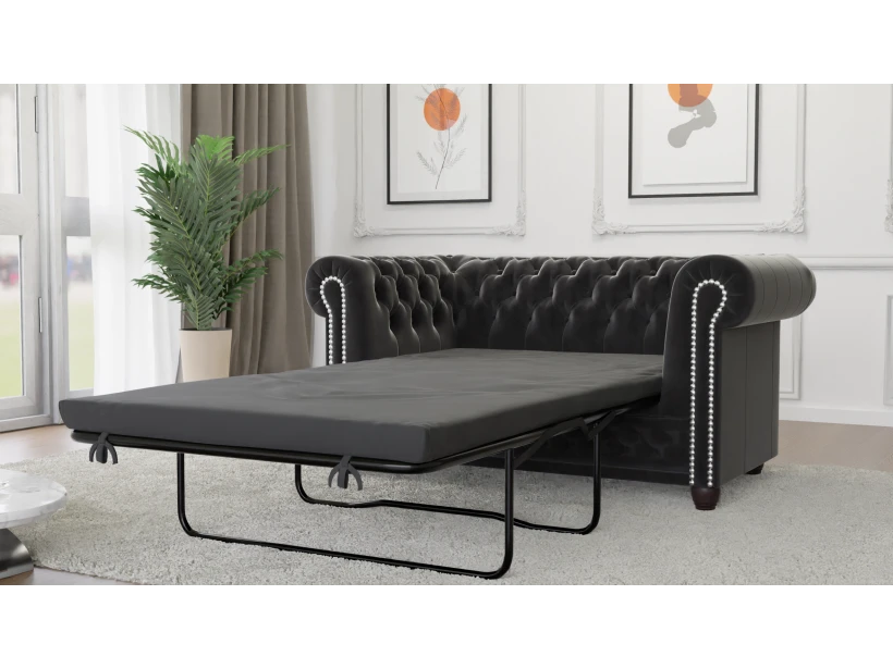 Cleo - Chesterfield 2 sitzer Sofa mit Schlaffunktion aus Samt-Stoff mit Holzfüßen