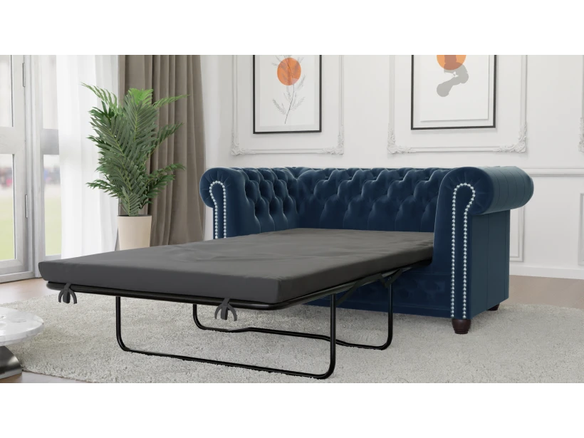 Cleo - Chesterfield 2 sitzer Sofa mit Schlaffunktion aus Samt-Stoff mit Holzfüßen