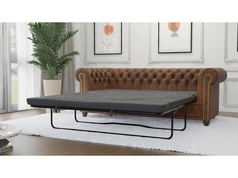 Wilhelm - Chesterfield 3 sitzer Sofa mit Schlaffunktion aus Vintage Optik Microfaser mit Holzfüßen