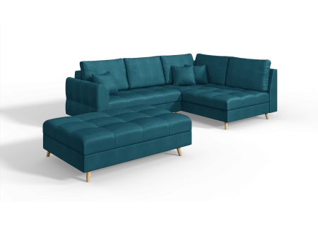 Charlotte Ecksofa und Fußhocker mit Holzfüßen im skandinavischen Stil