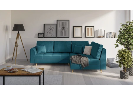 Charlotte Ecksofa und Fußhocker mit Holzfüßen im skandinavischen Stil