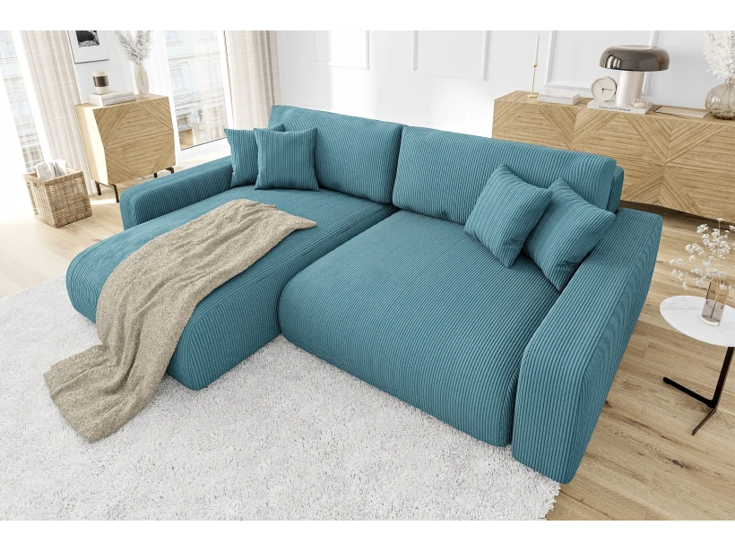 Emma - Ecksofa mit Schlaffunktion und Bettkasten in Cord-Stoff schöner Sitzkomfort