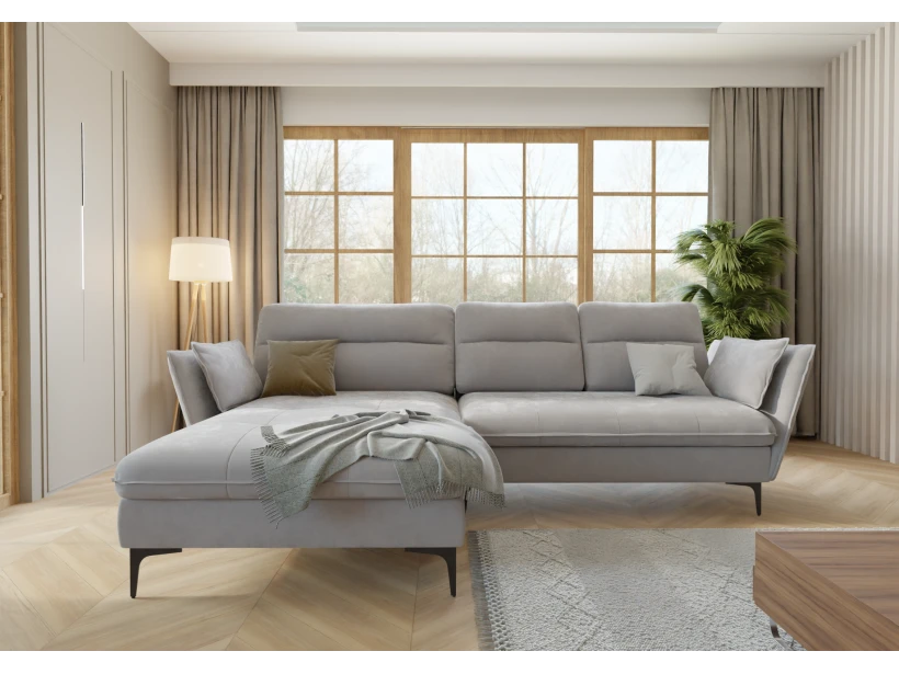 Manfred - Ecksofa mit Schlaffunktion und Bettkasten aus Samt-Stoff mit hohen schwarzen Metallfüßen