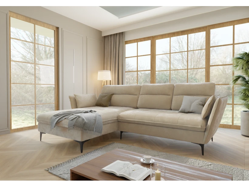 Manfred - Ecksofa mit Schlaffunktion und Bettkasten aus Samt-Stoff mit hohen schwarzen Metallfüßen