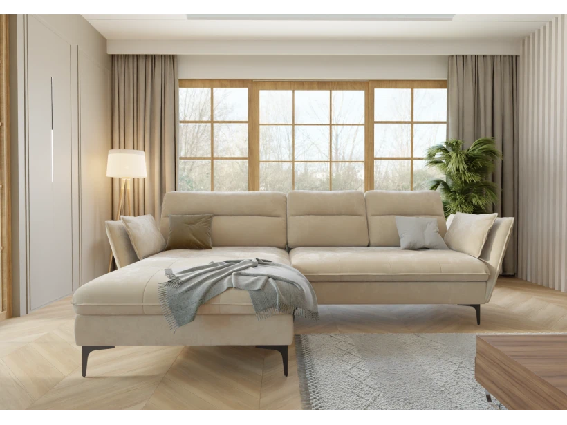 Manfred - Ecksofa mit Schlaffunktion und Bettkasten aus Samt-Stoff mit hohen schwarzen Metallfüßen