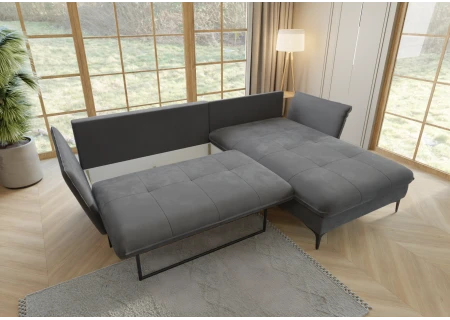 Manfred - Ecksofa mit Schlaffunktion und Bettkasten aus Samt-Stoff mit hohen schwarzen Metallfüßen