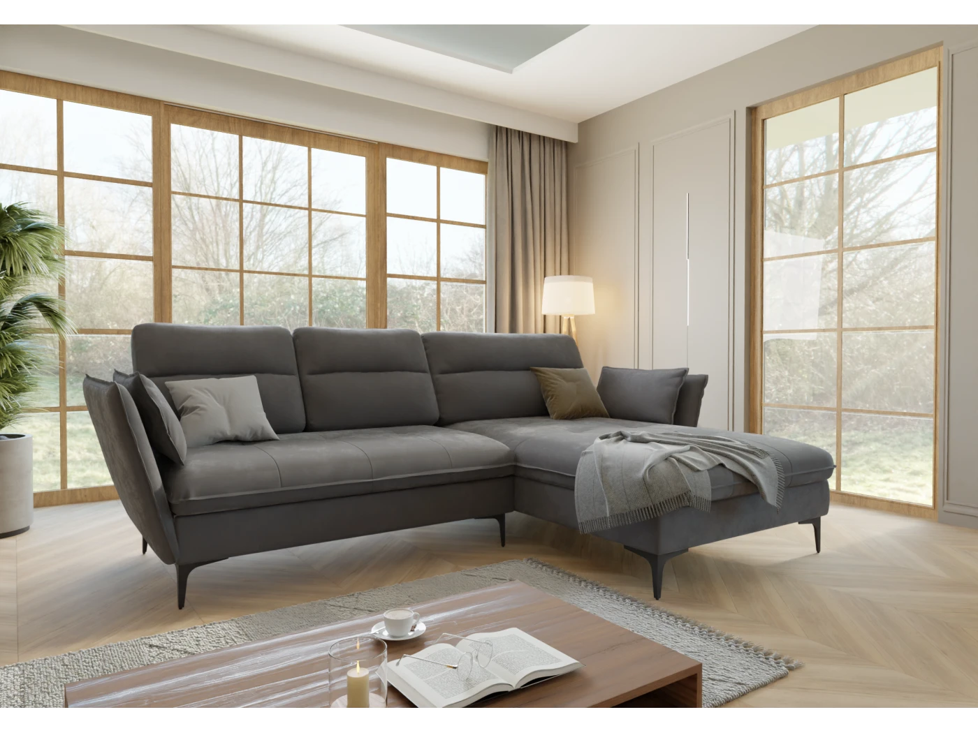 Manfred - Ecksofa mit Schlaffunktion und Bettkasten aus Samt-Stoff mit hohen schwarzen Metallfüßen