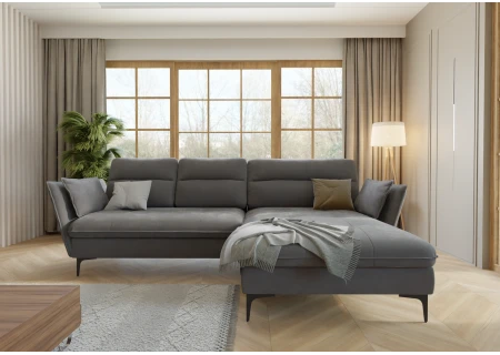 Manfred - Ecksofa mit Schlaffunktion und Bettkasten aus Samt-Stoff mit hohen schwarzen Metallfüßen