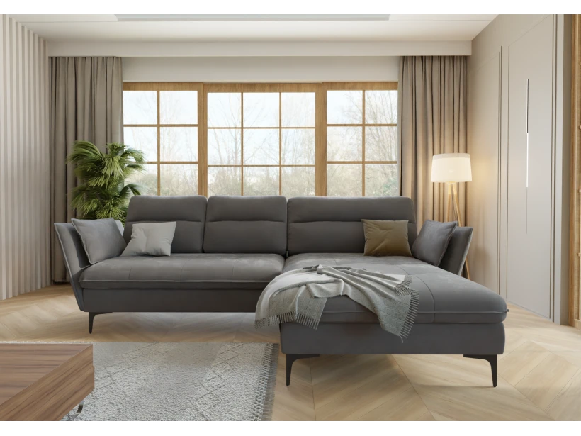 Manfred - Ecksofa mit Schlaffunktion und Bettkasten aus Samt-Stoff mit hohen schwarzen Metallfüßen