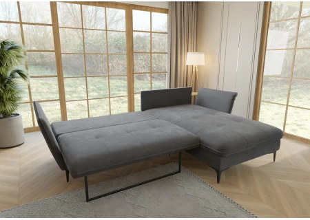 Manfred - Ecksofa mit Schlaffunktion und Bettkasten aus Samt-Stoff mit hohen schwarzen Metallfüßen